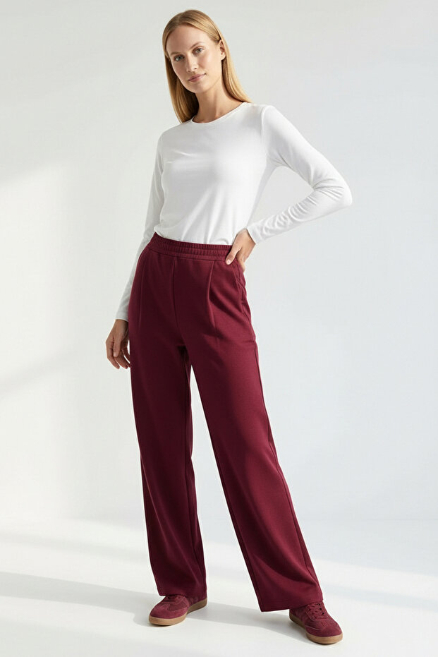 Beli Lastikli Örme Regular Vişne Pantolon - 1