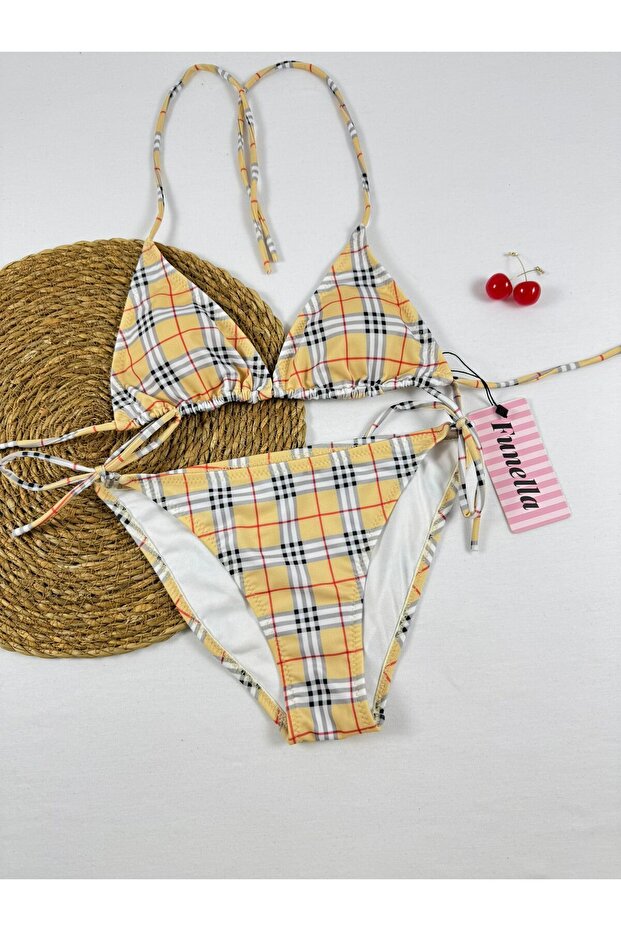 Plaid Pattern Yellow Bikini Set - 2