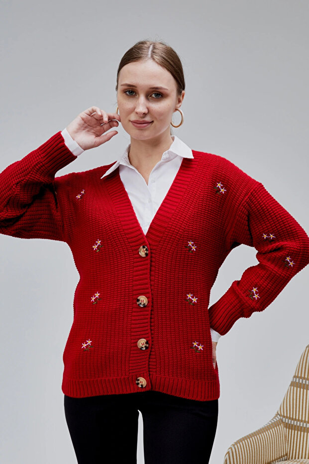 Women's Knitwear Cardigan Flower Embroidered Standard Size Red