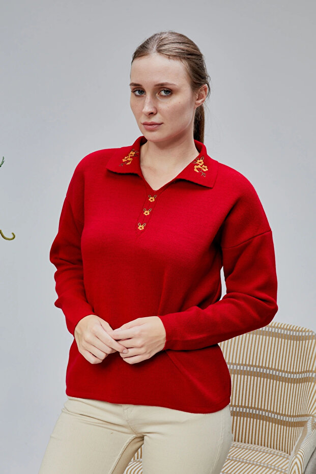 Women's Polo Neck Oversize Floral Embroidered Sweater Sweater Red
