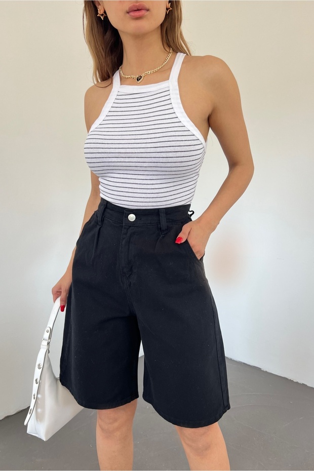 Women's High Waist Bermuda Wide Leg Denim Shorts Black