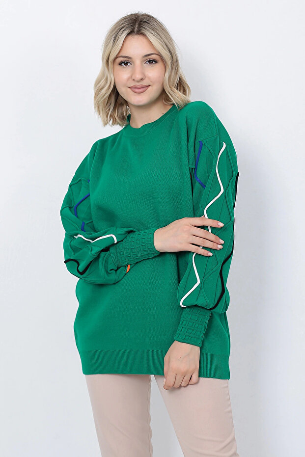 Women's Knitwear Sweater with Striped Sleeves Green