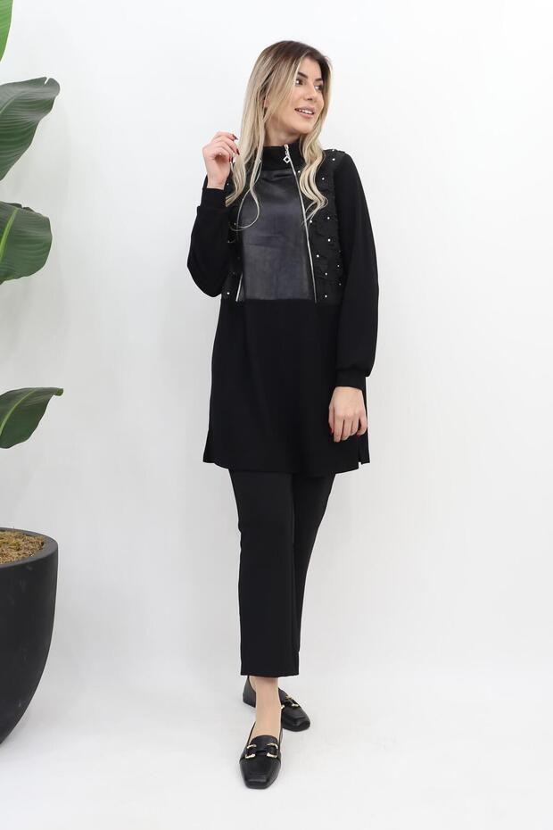 Taftalı Fermuarlı Tunik - Siyah - 4