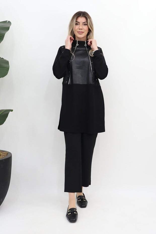 Taftalı Fermuarlı Tunik - Siyah - 3
