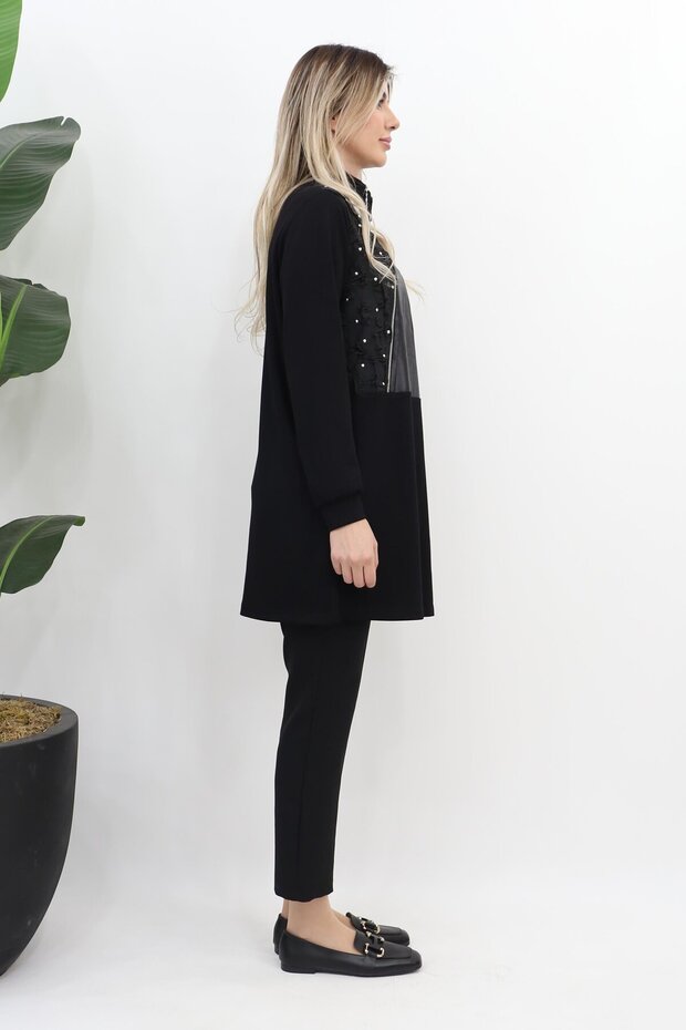 Taftalı Fermuarlı Tunik - Siyah - 5