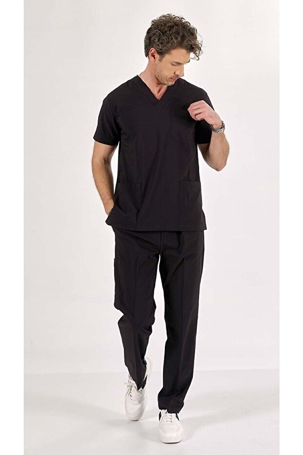 Men's Black U Flex Lycra Jersey Scrubs Suit Bottom Top Fitted Sleeve