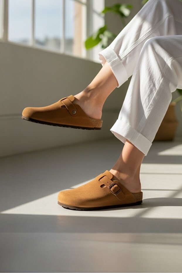 Unisex Anatomical Arch Supported Natural Cork Sole Suede Leather Tan Closed Sabo Slippers