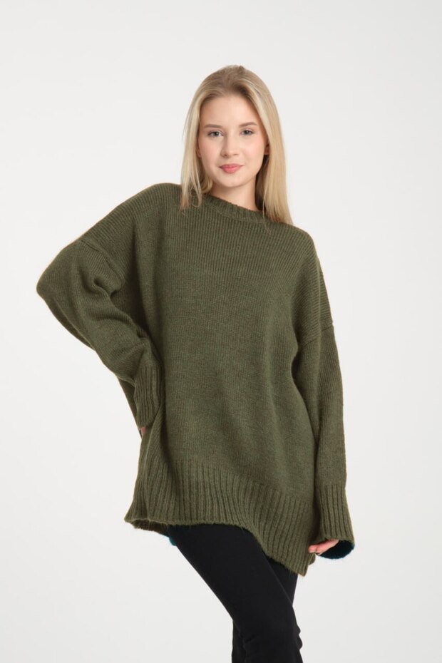 Oversize Basic Haki Uzun Kadın Kazak - 5