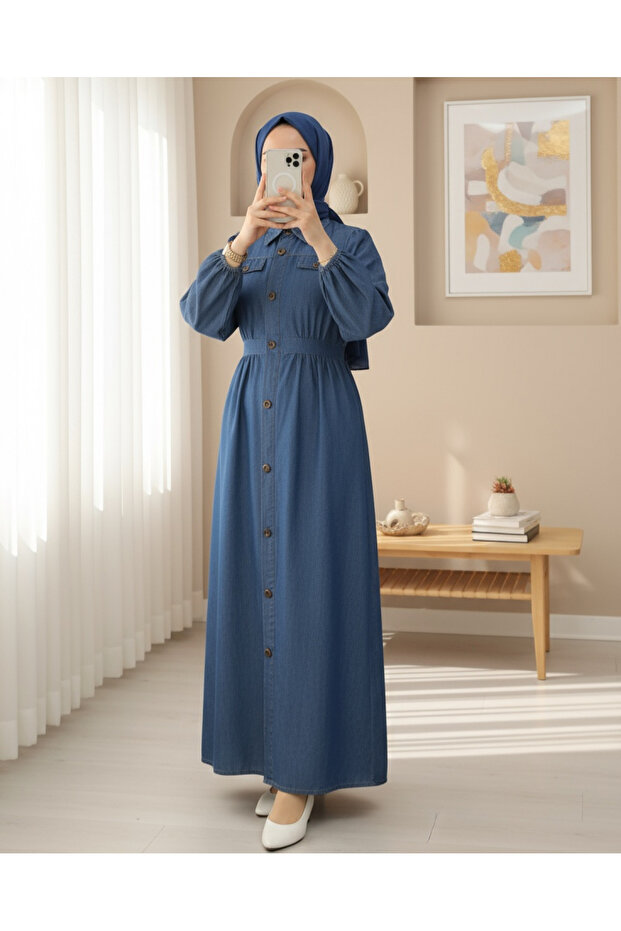 Buttoned Long Jeans Dress with Elastic Sleeves and Double Pockets