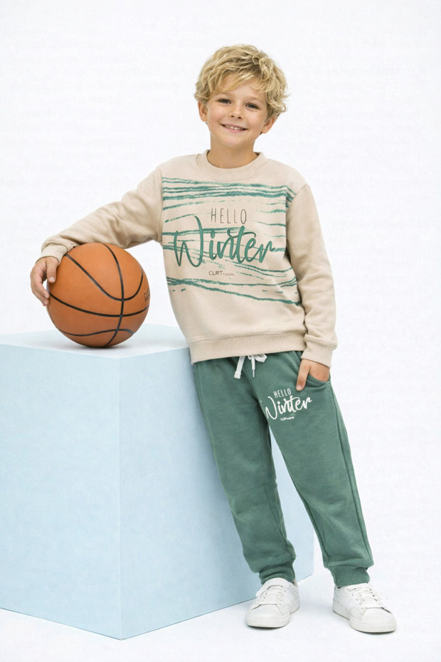 Hello Winter Printed Long Sleeve Elastic Waist Pocket Unisex Children's Bottom Top Suit
