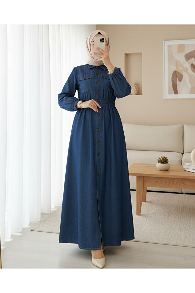 Denim Dress with Elasticated Cuffs, Button-Down Front, and Double Pockets - Indigo