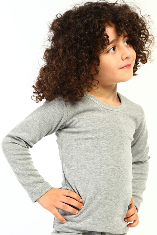 Boy's Long Sleeve Thermal Top Underwear Cotton Sh Fleece-Lined Gray Melange Flexible 6390