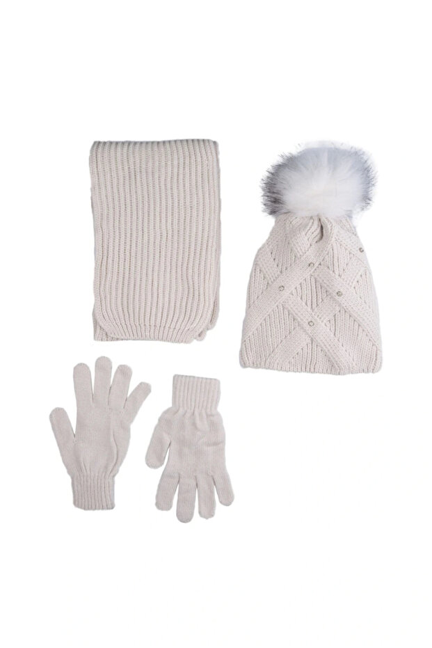 9-15 Years Old Girl Waiter Scarf Beret Glove Set Stoned Light Beige