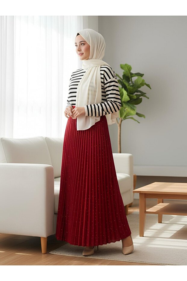 Taşlı Pliseli Etek -Kırmızı - 6
