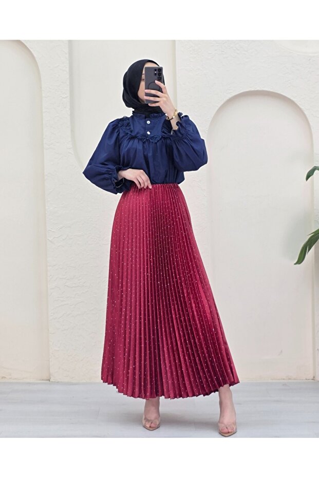 Taşlı Pliseli Etek -Kırmızı - 8