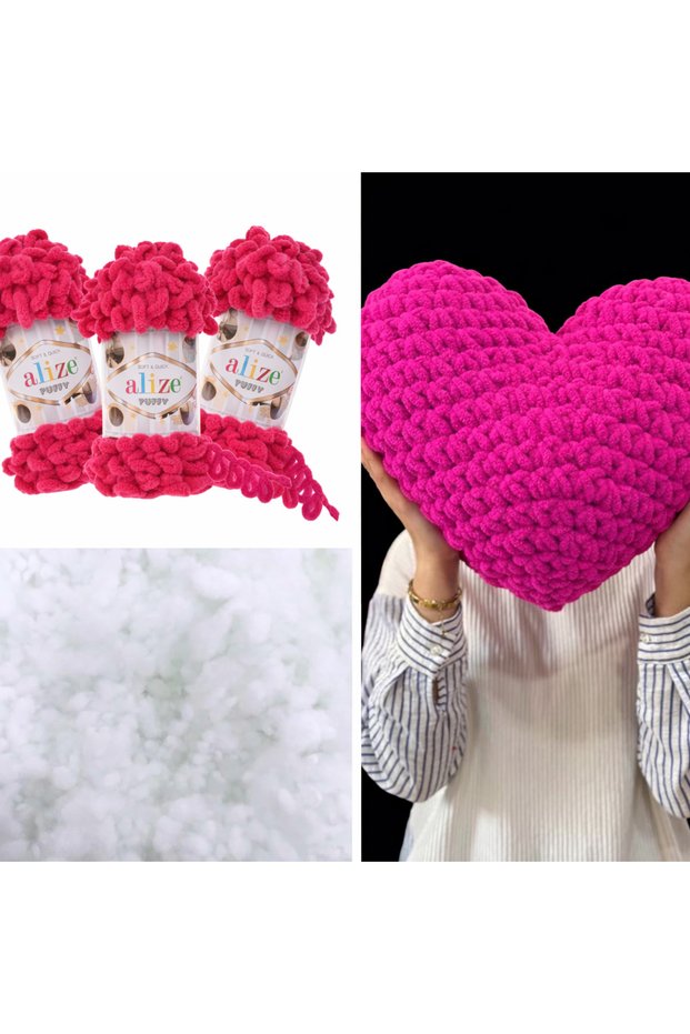 Heart Pillow Puffy Material 3 Pieces Puffy 149 Fuchsia and 400Gr. Bead Fiber Set
