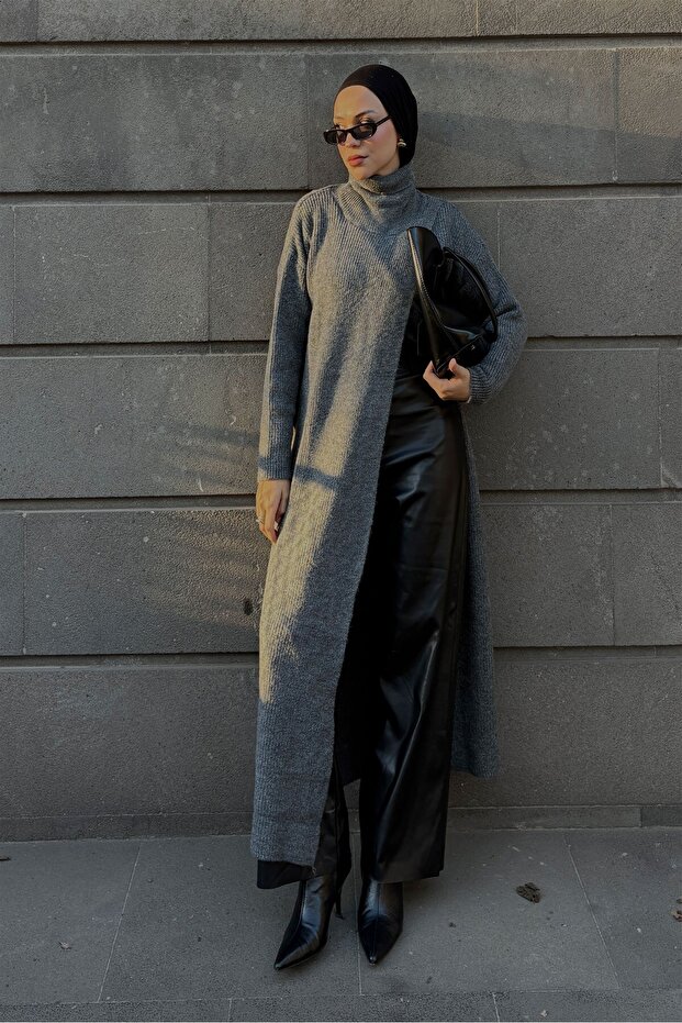 Yırtmaçlı Triko Tunik Gri - 4