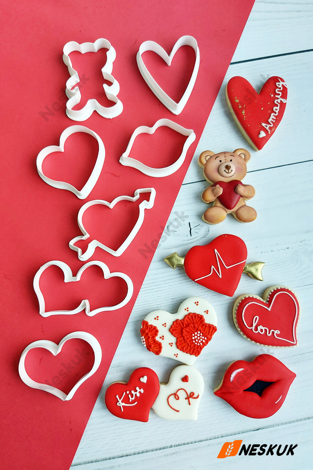 7-Piece Valentine's Day Cookie Mold Set – Heart & Teddy Bear Shaped - Valentine Cookie Mold