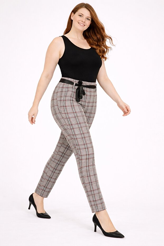 Women's Burgundy Plaid Patterned Hidden Belt Front Zipper Side Pocket Faux Leather Belt Detailed Classic Trousers
