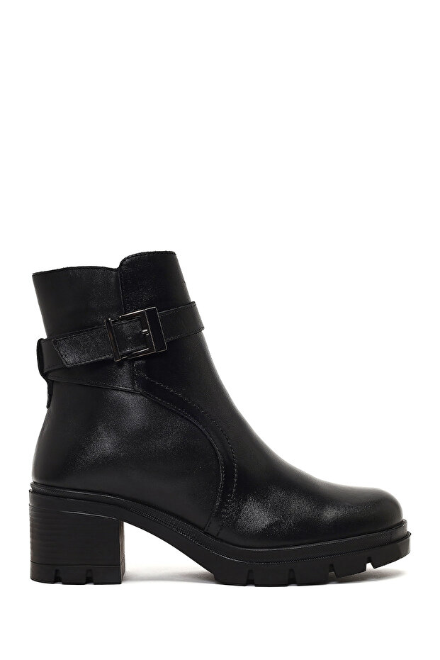 Women's Black Zippered Thick Heeled Leather Boots 25Wfd414118