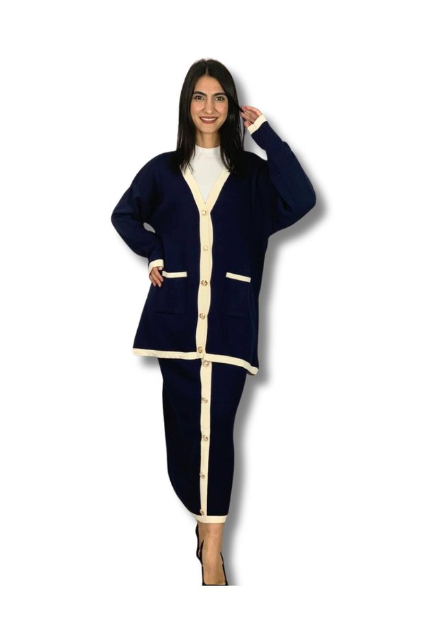 Women's Striped Detail Gold Buttoned Oversized Cardigan Skirt Set