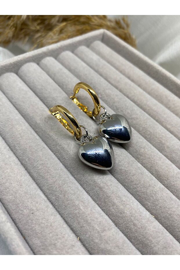 Heart Detailed Gold Hoop Steel Earrings