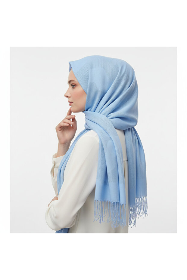 Mesh Plain Wave Patterned Blue Shawl - 2