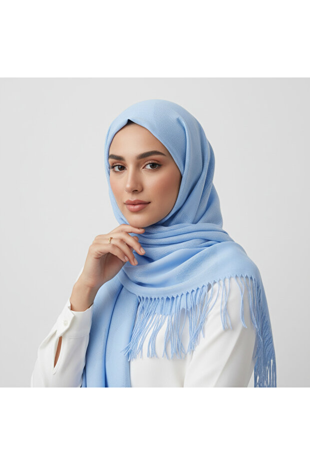 Mesh Plain Wave Patterned Blue Shawl - 1