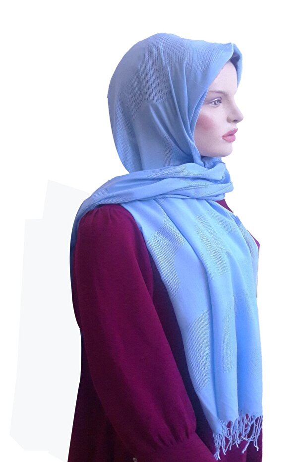 Mesh Plain Wave Patterned Blue Shawl - 4