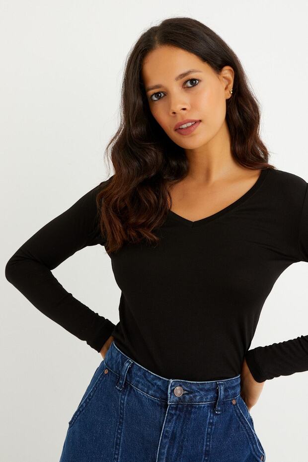 Kadın Siyah V Yaka Uzun Kol Basic Badi - 2