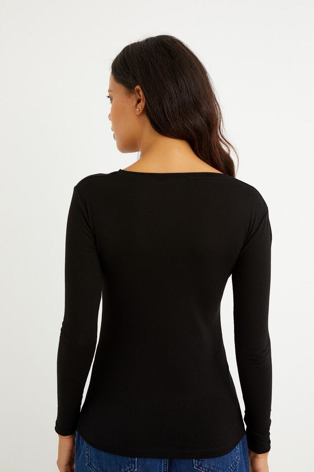 Kadın Siyah V Yaka Uzun Kol Basic Badi - 4
