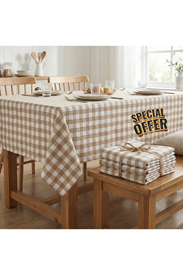 مفرش طاولة مقاوم للماء بنقشة مربعات، بني/أبيض - 7