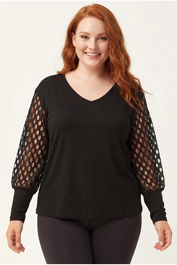 Women's Large Size Transparent Mesh Sleeve Detailed Black Blouse