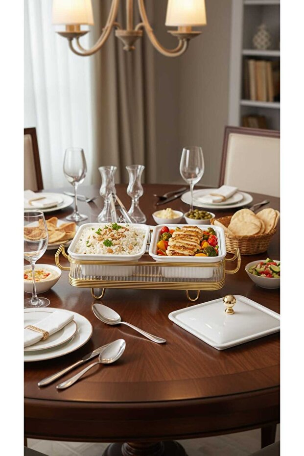 سخان بوفية صحن تقديم الطعام مستطيل ثنائي 12 سم بتصميم فريد وأنيق - 6