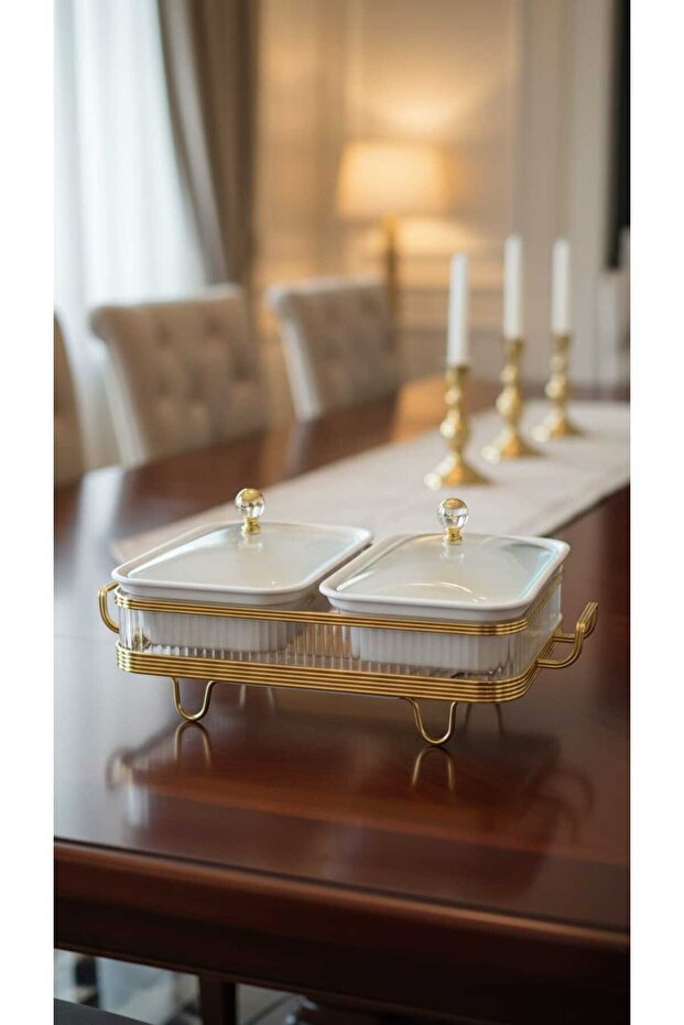 سخان بوفية صحن تقديم الطعام مستطيل ثنائي 12 سم بتصميم فريد وأنيق - 2