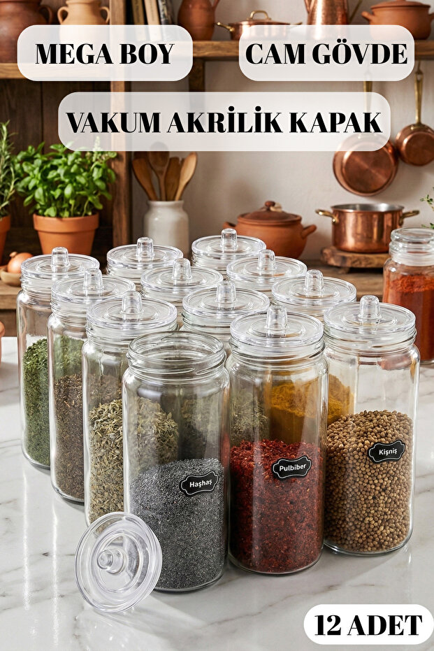 Large Size Glass Spice Rack Set with 12 Vacuum Lids 500 ml