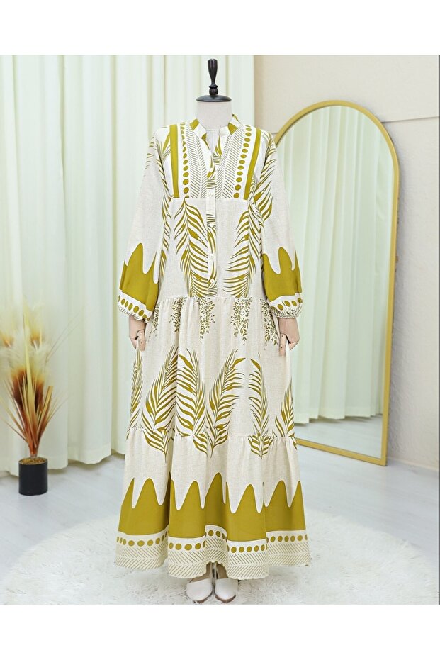 فستان بياقة واقفة ونصف أزرار بنمط أوراق الشجر - كريمي - 3