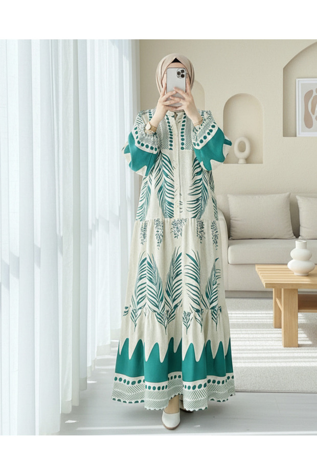 فستان بنمط أوراق الشجر ونصف أزرار وياقة واقفة - Forest Yş. - 3