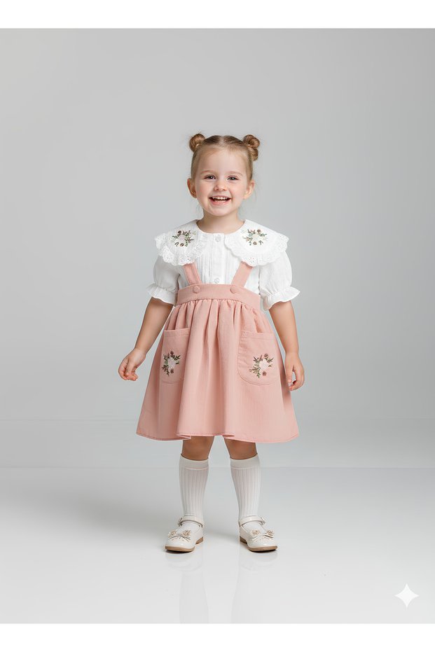 Lumia 1-2-3-4 Years Old Flower Embroidered Apron with Collar, Strap and Pocket Girl's Skirt Shirt Set