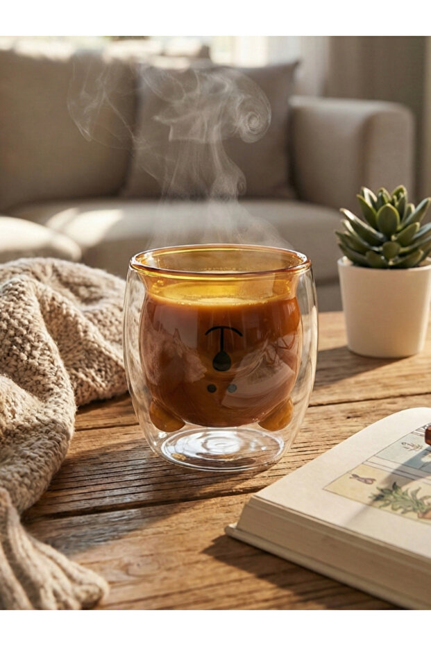كوب قهوة زجاجي مزدوج الجدار – تصميم عصري بوجه مبتسم