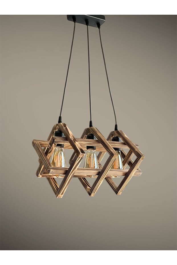 Retro Rustik 3'lü Ahşap Avize - 2