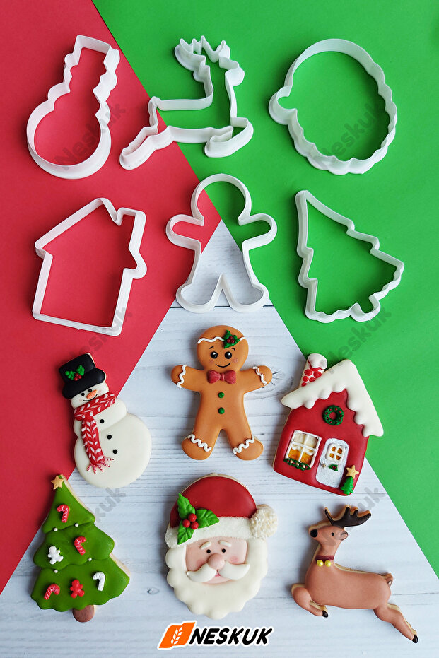 6-Piece Christmas Cookie Cutter Set Santa Claus Snowman Tree Reindeer House Man Ginger Gingerbread