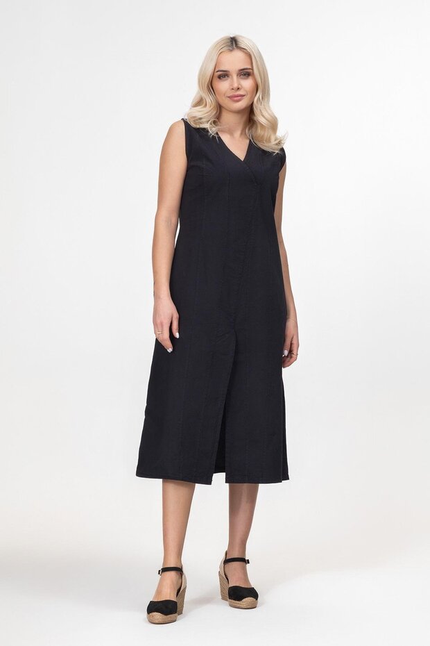 Bold and Young Women's Slit V-Neck Sleeveless Cotton Dress Black