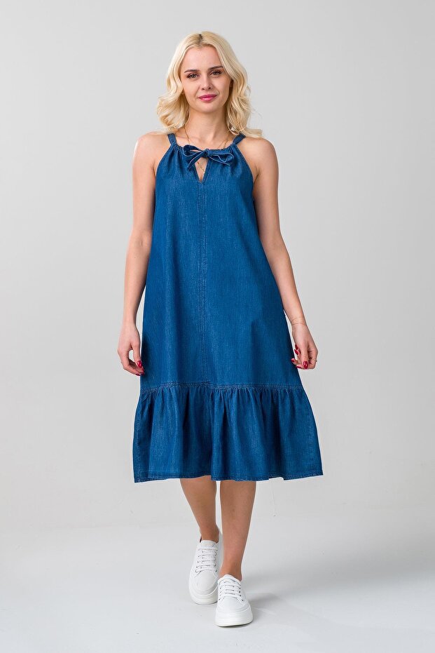 Women's Halter Neck Indigo Color Drawstring Pocket Sleeveless Denim Woven Dress