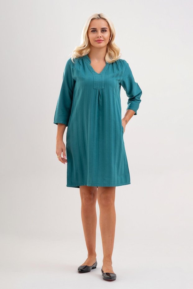 Pocketed Washed Cotton Stretch Fabric Dress Petrol Blue 3/4 Sleeve