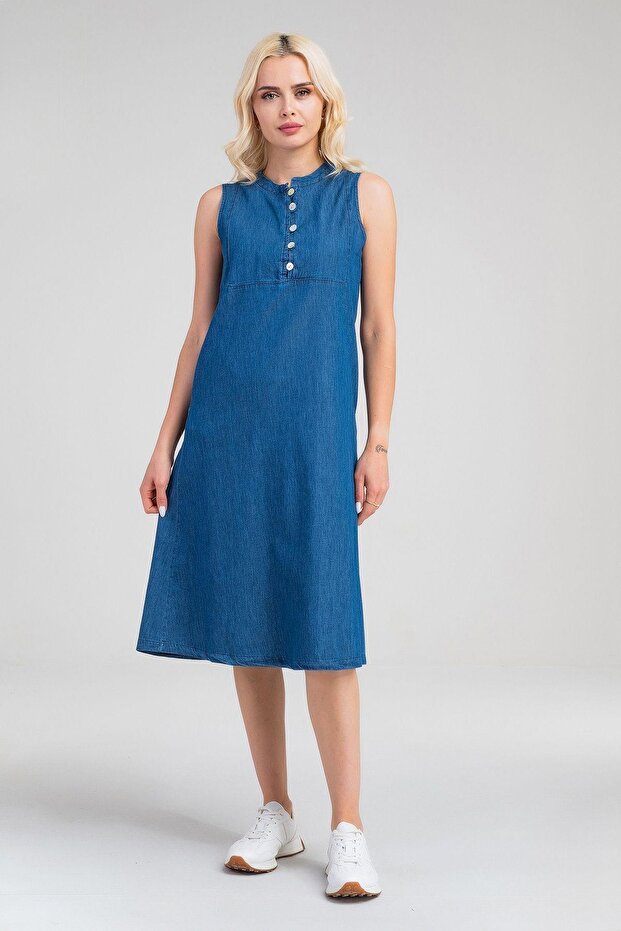 Women's Indigo Half Placket Button Down Sleeveless Domineering Collar Slim Jeans Dress with Pockets