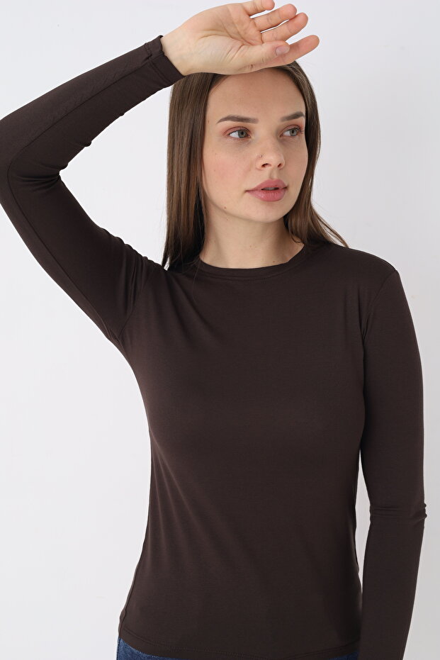 Women's Bitter Brown Long Sleeve Crew Neck Bodysuit