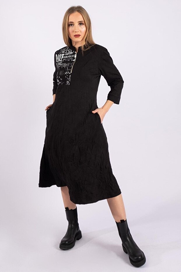 Women's Cotton Stretch Fabric Kraşlı Printed Dress Black