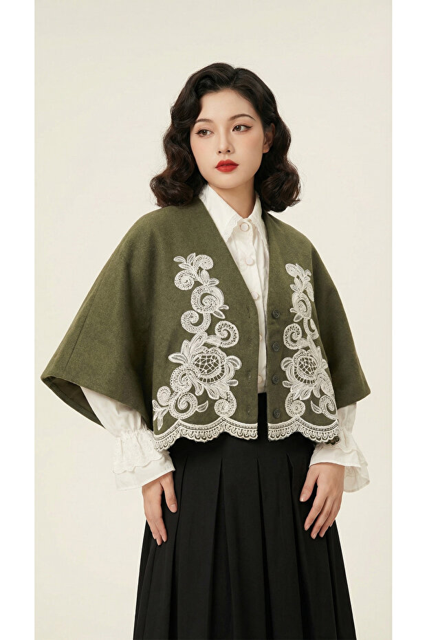 Women's Embroidered Crop Bohemian Oversized Jacket Khaki Green, Standard Size