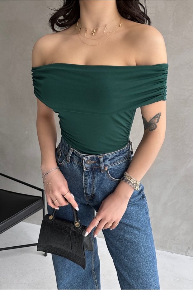 Women's Madonna Collar Blouse with Gathered Sides Emerald Green